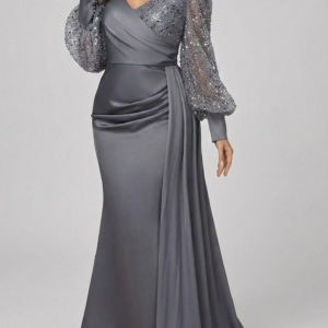 Charcoal Grey Sequin & Satin Evening Gown