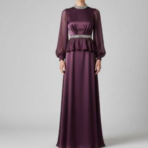 The Plum Satin Peplum Gown with Crystal Embellishments