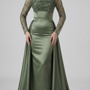 Sage Satin & Sequin Overlay Evening Dress with Train