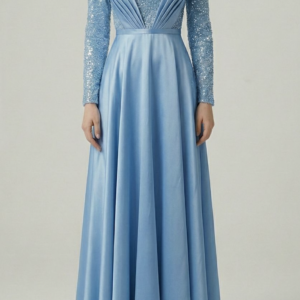 Celestial Light Blue Sequin & Satin Evening Gown