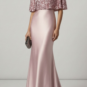 Rose Gold Sequin Capelet & Satin Evening Gown